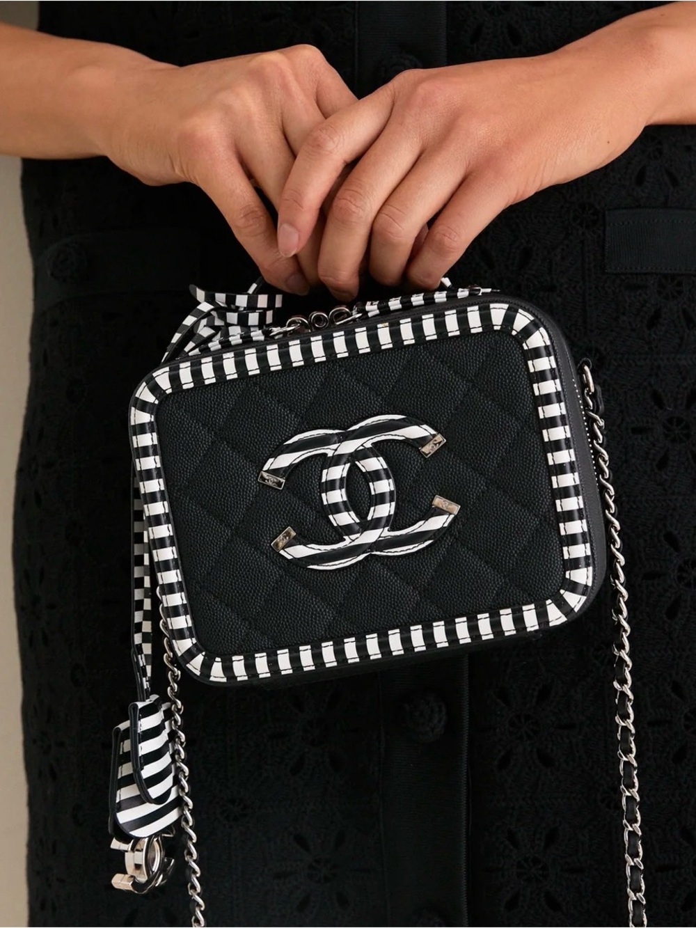 CHANEL Black Quilted Camera Bag with Black & White Striped Trim - Picture 2 of 7
